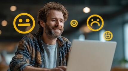 Man gives five-star app review using laptop with happy face icon, expressing service satisfaction, positive feedback, and user approval through digital survey interaction.