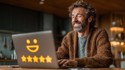 Man gives five-star app review using laptop with happy face icon, expressing service satisfaction, positive feedback, and user approval through digital survey interaction.