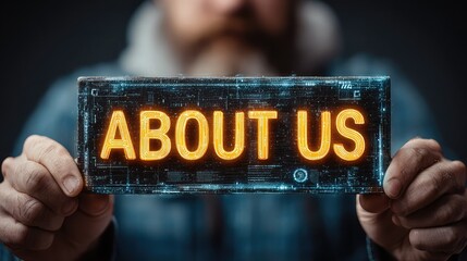 Man holding digital "ABOUT US" sign with glowing text and futuristic interface, representing corporate identity, team introduction, and company values presentation concept -