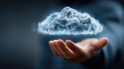 Man holding floating hologram of advanced cloud-based web platform, symbolizing digital infrastructure, online data sharing, and futuristic IT system in concept rendering -