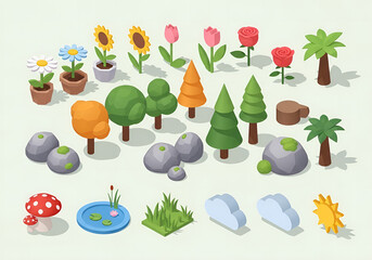 A vibrant collection of isometric nature elements. This 3D style asset set includes trees, flowers, rocks, and a pond.