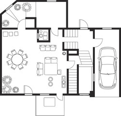 Modern house floor plan with single garage, open living room, dining area, kitchen, patio, indoor plants, and furniture layout.
