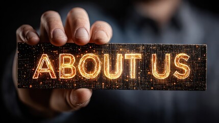 Man holding digital "ABOUT US" sign with glowing text and futuristic interface, representing corporate identity, team introduction, and company values presentation concep 