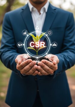 Man holding plant with csr icons corporate social responsibility