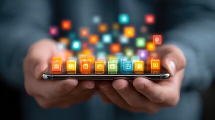 Man holding smartphone with glowing colorful app icons rising above screen, representing mobile technology, digital interface, and app-based interaction in 3D style - 