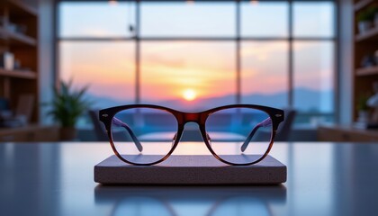 Eyeglasses on Table with Sunset View