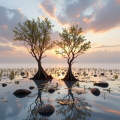 Serene Trees in Water at Sunset