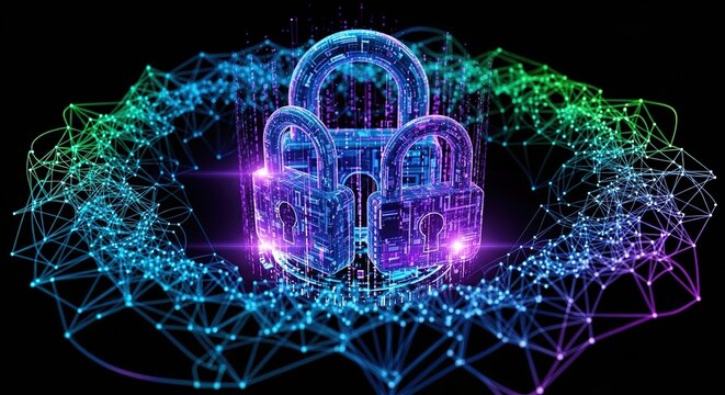 Three padlocks connected by a network of glowing dots against a dark background.