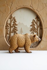 Brown Bear Sculpture with Mountain Scene