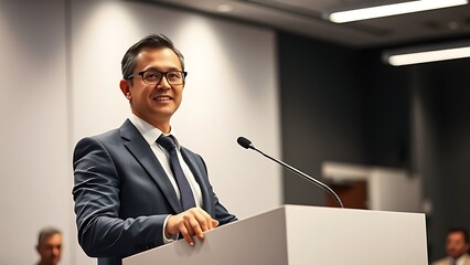 A confident presenter in business attire stands at a modern podium in a professional studio setting.