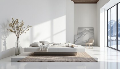 Minimalist Bedroom Interior with Mountain View
