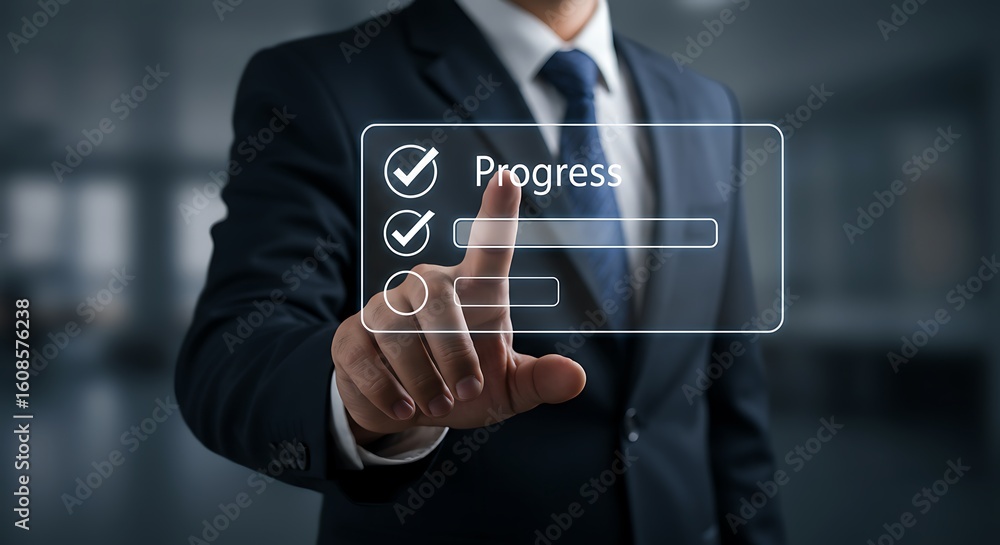 Poster businessman interacting with virtual progress bar illustrating project completion or workflow steps