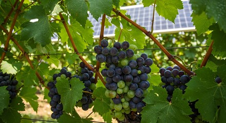 Bunches of ripe wine grapes maturing on the vine beneath solar panels in a sustainable agrivoltaics farm.