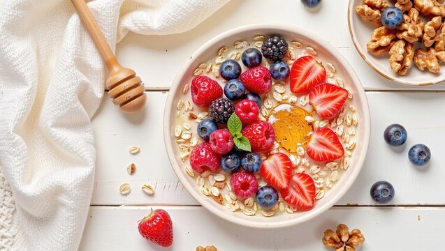 Healthy breakfast bowl with berries and honey on wooden table  
