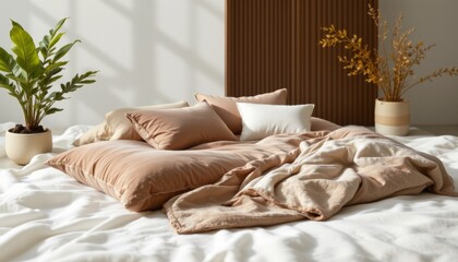 Beige Bedding with Plants in Minimalist Bedroom