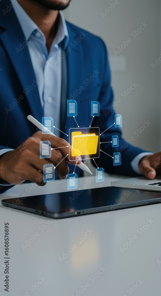 Poster business professional managing digital files on tablet with stylus. modern data organization and tec