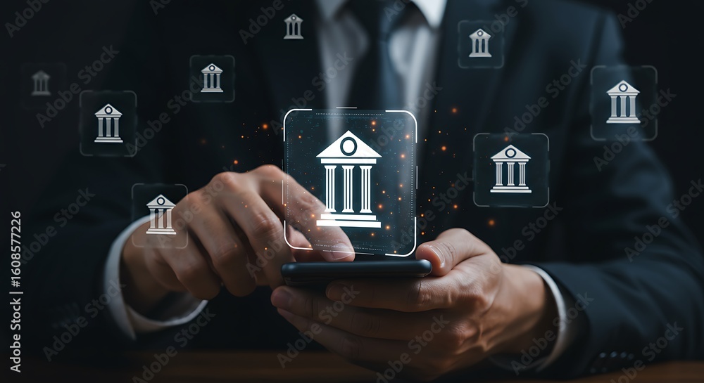 Poster businessman using mobile banking application representing digital financial transactions and service