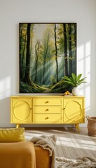 Forest Painting Above Yellow Cabinet