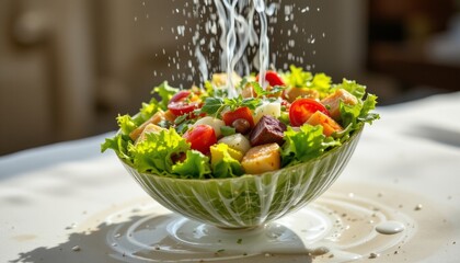 Fresh Salad with Dressing Pouring