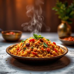Steaming Vegetable Biryani Dish