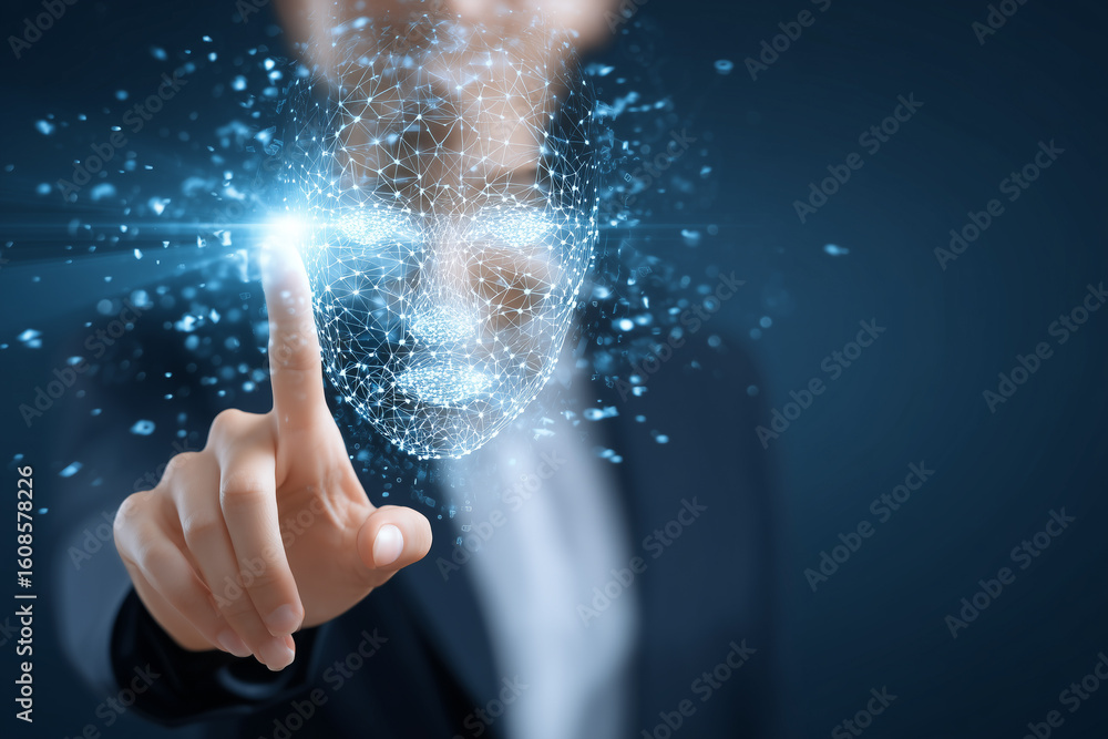Poster person using smartphone with facial recognition technology displaying digital face interaction