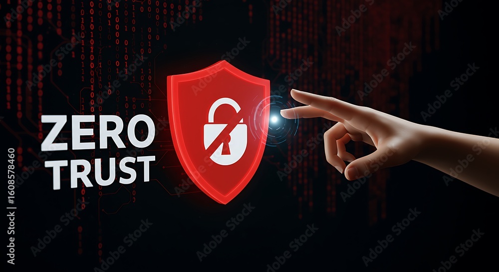 Poster zero trust cybersecurity concept represented by a shield with digital futuristic interface