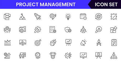 Quality management vector line icons featuring inspections, checklists, standards, testing, certifications, audits, processes, improvements, compliance, and product accuracy symbols.