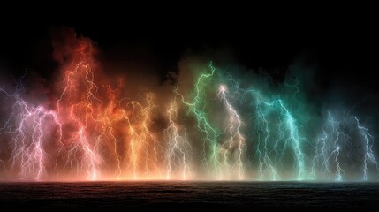 Multiple colorful electric lightning bolts on black background, symbolizing raw energy, voltage visualization, abstract power surge, and electric current in digital concept 