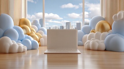 Laptop mockup surrounded by cloud graphics, symbolizing cloud computing technology, digital file management, and smart business system visualization in workspace  