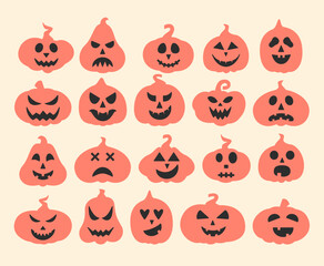 Halloween Pumpkins Set. Jack O Lantern Spooky Collection. Scary Faces Design Elements for 31 October. Spooky, Scary and Funny Emotions for Pumpkin Characters Bundle. 
