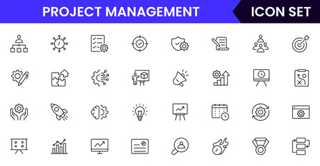Quality management vector line icons featuring inspections, checklists, standards, testing, certifications, audits, processes, improvements, compliance, and product accuracy symbols.
