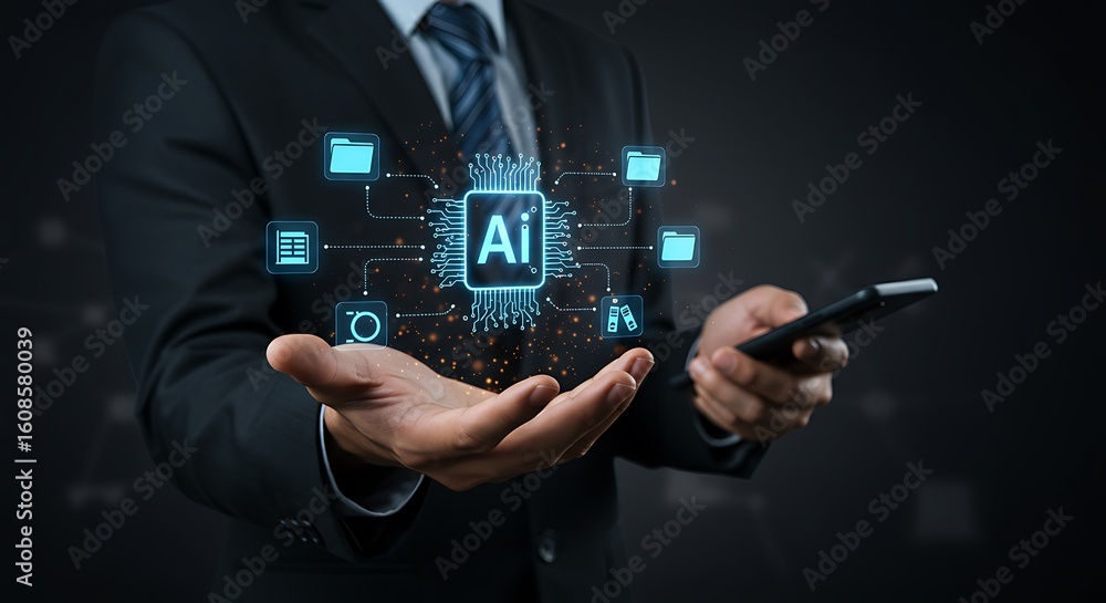 Poster businessman holding ai artificial intelligence circuit board and utilizing smartphone technology