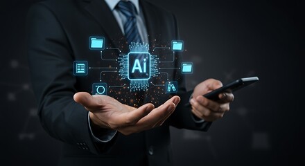 Businessman holding ai artificial intelligence circuit board and utilizing smartphone technology