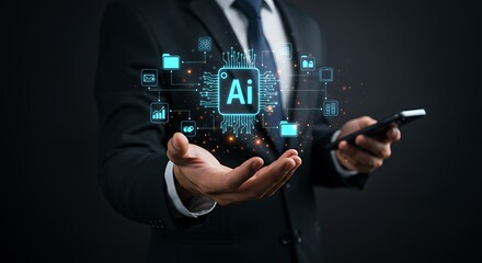 Businessman displaying artificial intelligence circuitry and connection icons with a smartphone