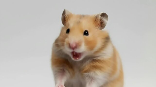 Hamster yawning wide showing teeth on white background.