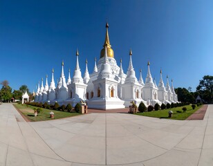 Wide shot of a white temple complex.  Numerous  pagodas,  bright  golden tops,  under  clear  blue sky.  Lush  green  grounds.  Wide  paved pathway