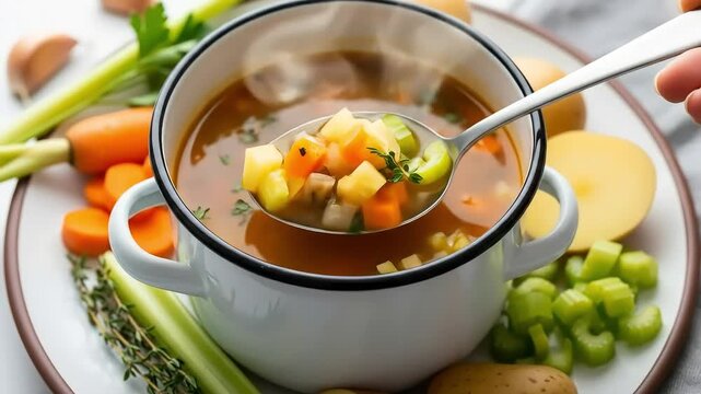 Hearty Vegetable Soup Being Served with Fresh Ingredients and Potatoes.
