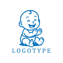 A joyful baby is sitting and clapping with a big smile. The cartoon-style illustration uses bold black outlines on a white background, creating a cute, simple, and playful logo design.