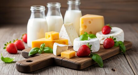 Assortment of dairy products and fresh strawberries on a wooden board