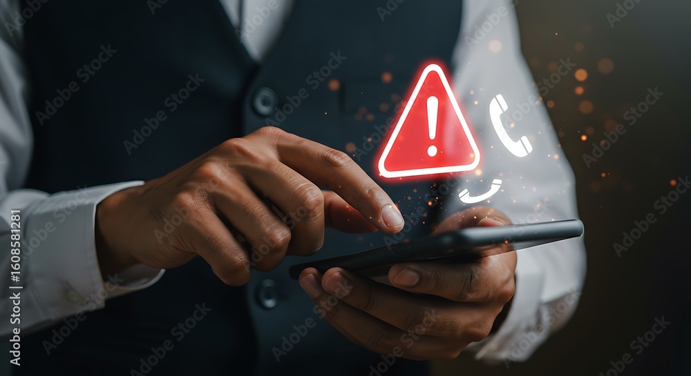 Poster businessman using a smartphone with a warning alert about fraudulent calls and scams
