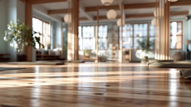  Blur Background of yoga studio interior with soft light on wooden floor. serene and peaceful empty room with big window for fitness, wellness and meditation, perfect background for zen

