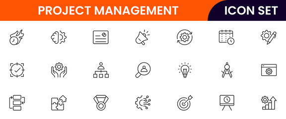 Quality management vector line icons featuring inspections, checklists, standards, testing, certifications, audits, processes, improvements, compliance, and product accuracy symbols.