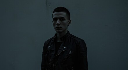 Obraz premium A young man in a black leather jacket, facing forward against a muted gray wall