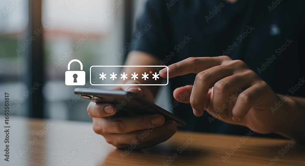 Poster person using a smartphone with a secure login screen and password protection concept
