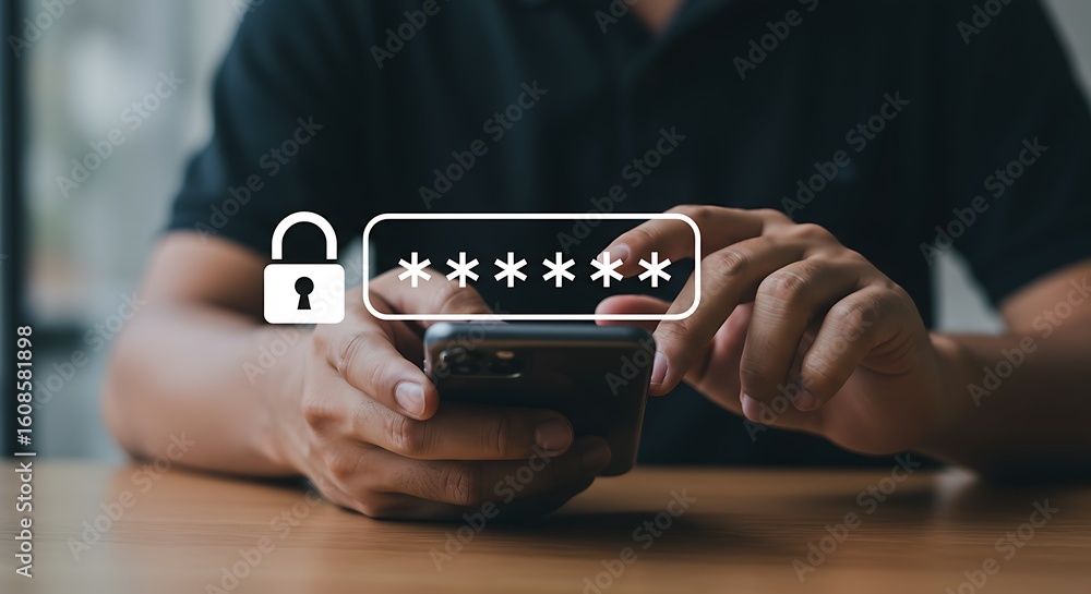 Poster person using smartphone entering password protected by a digital padlock icon for security purposes