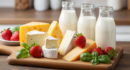Assortment of cheeses milk and strawberries on a wooden board