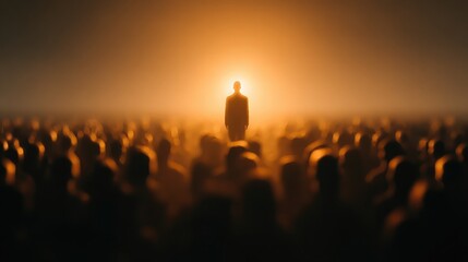 Person stands above crowd to symbolize leadership, career growth, professional success, creativity, and individual distinction through hierarchy, ambition, and visibility.
