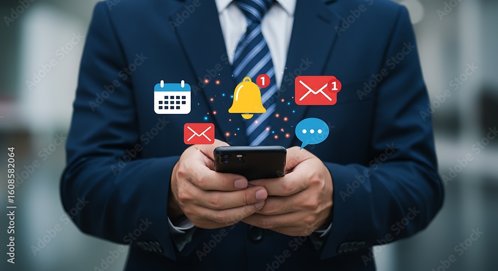 Poster businessman checking smartphone with notifications for new emails calendar events and messages