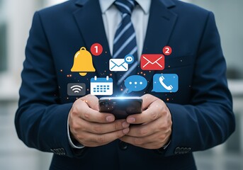 Businessman in a suit holding smartphone receiving message notifications with icons