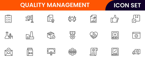 Quality management vector line icons featuring inspections, checklists, standards, testing, certifications, audits, processes, improvements, compliance, and product accuracy symbols.